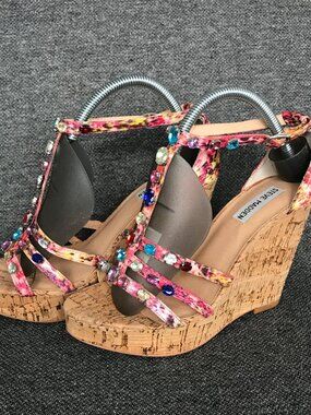 Steve Madden Faara Floral Multi Rhinestone Peep Toe Cork Jeweled Wedges Womens 9